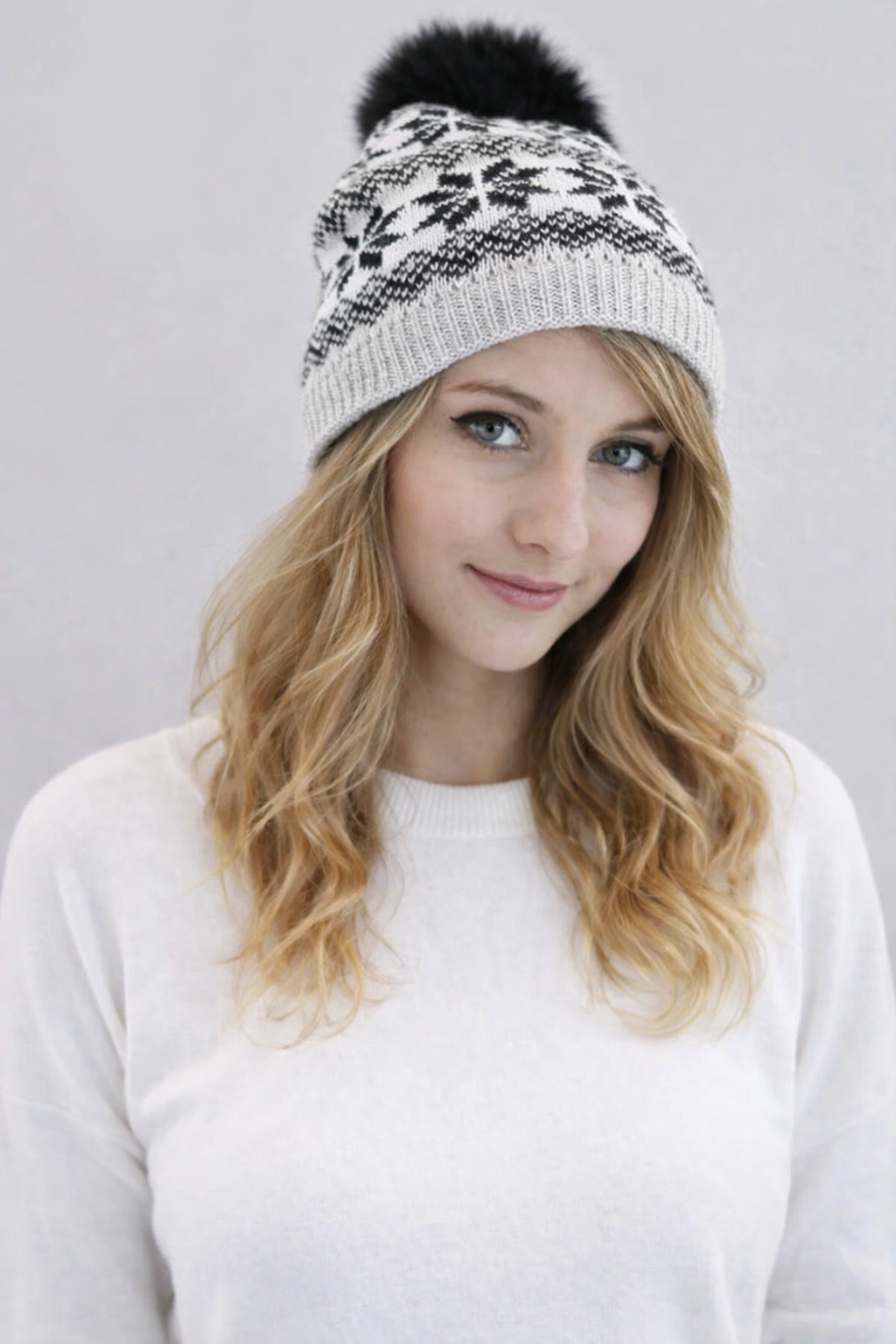 Snowflake Beanie with Faux Fox Fur Pom